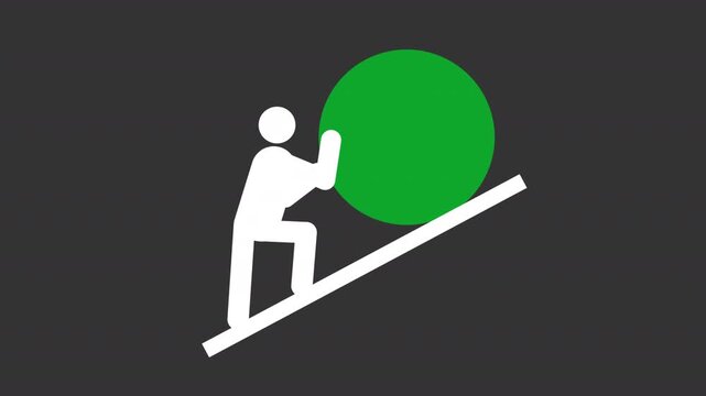 Person pushing sphere uphill white glyph stickman animation. Sisyphean labour. Dealing with hard tasks. Dynamic stick figure isolated on black background. Animated solid silhouette motion