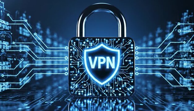 Secure VPN connection concept with digital padlock and glowing circuit boards. Data protection and privacy technology in network data center infrastructure