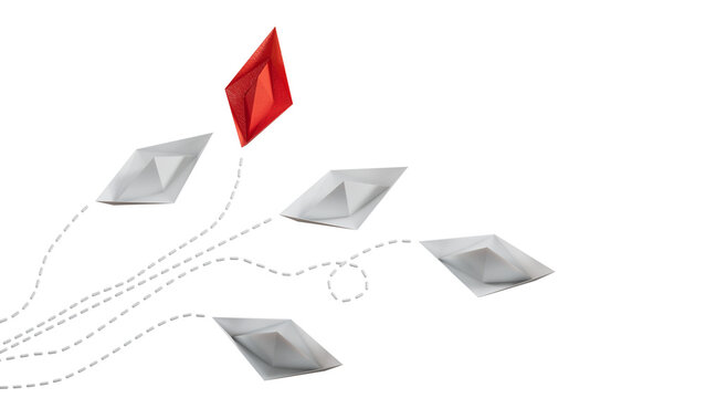 Red paper boat are different from others on blue background. Think different. Business for innovative, solution concepts.Supports PNG files with transparent backgrounds.