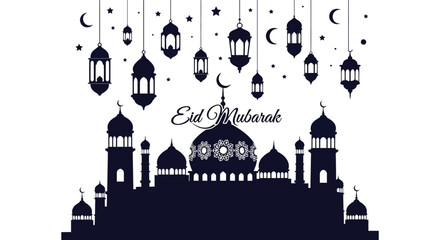 An eid mubarak greeting featuring a dark cityscape and celestial elements a striking silhouette high quality © nhpvect02