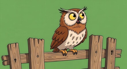Naklejka premium Cute Cartoon Owl Sitting on a Wooden Fence with Bright Eyes