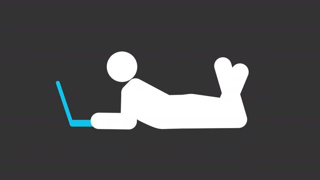 Lying person with laptop white glyph stickman animation. Freelancer working on notebook computer. Internet network. Dynamic stick figure isolated on black background. Animated solid silhouette motion