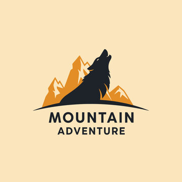 Silhouette of a howling wolf on a mountain adventure logo design.