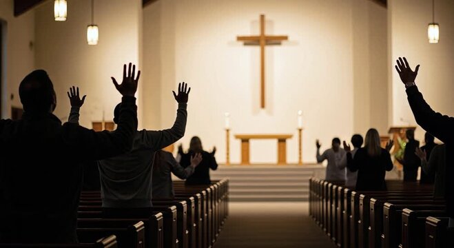 Christian Worship Prayer in Church with Glowing Cross and Congregation