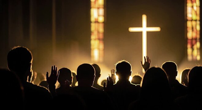 Christian Worship Prayer in Church with Glowing Cross and Congregation