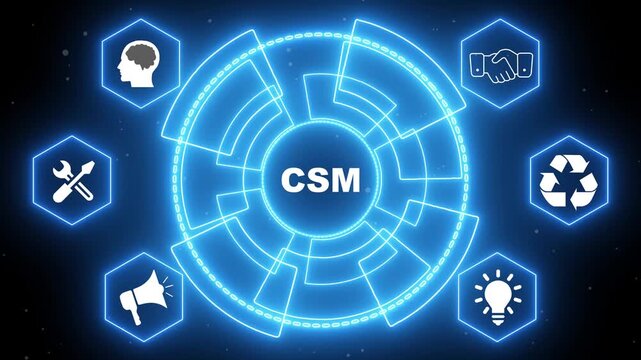 Digital CSM concept with glowing neon icons and circular interface on dark background customer success manager