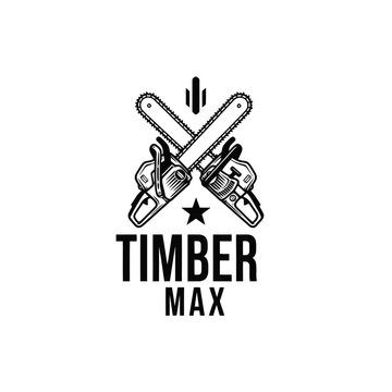 Timber Max logo featuring crossed chainsaws, star, and cactus symbol design.