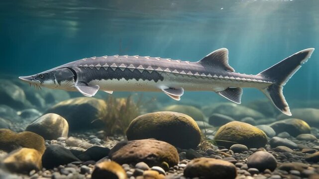 Underwater view of a sturgeon fish swimming above river rocks with sunlight filtering through clear water