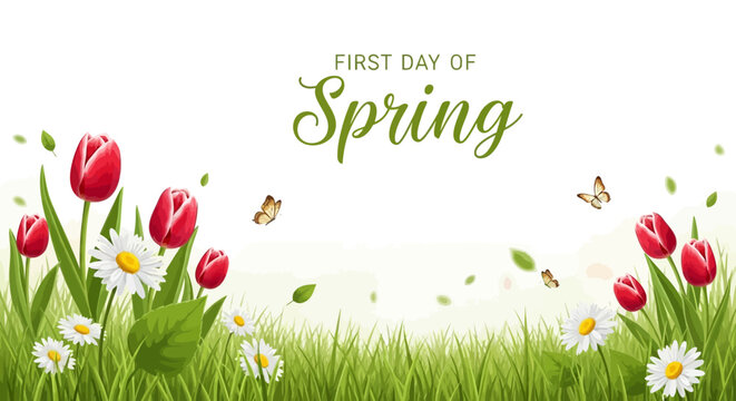 A vibrant illustration of blooming flowers and green grass celebrating the first day of spring with a fresh landscape and floral background.