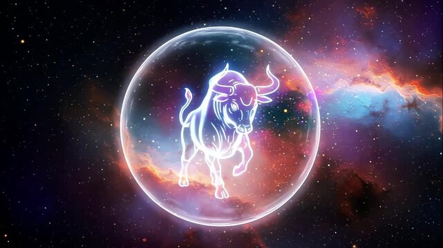 Glowing Taurus constellation inside magic sphere shines against colorful nebula, bright stars illuminate astrological symbol in deep space galaxy. Magical atmosphere of mystical zodiac astrology