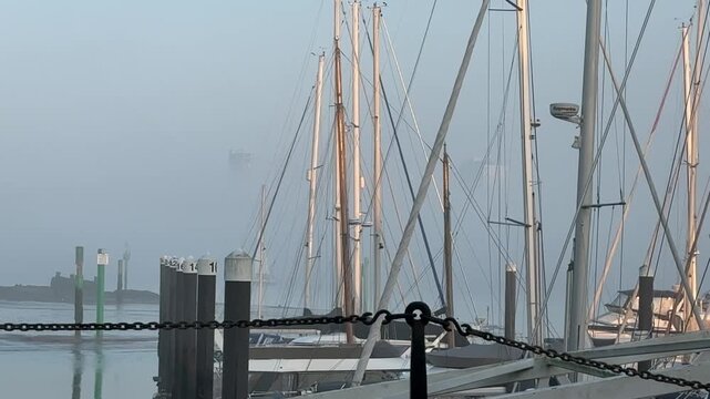 A static shot captures sailboats and their masts shrouded in thick fog at a marina in Gosport, England, with calm water reflecting the muted light