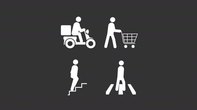 Urban daily life stick men white glyphs animation set. driving motorbike, shopping, using stairs and road crossing. Simple human silhouettes dynamic movement. Solid pictogram symbols HD video