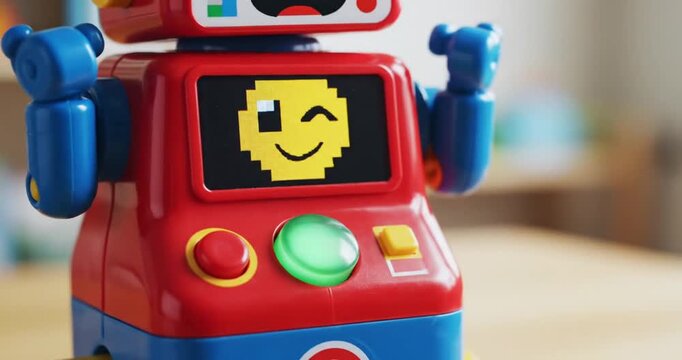 Childhood toy robot with emoticons.