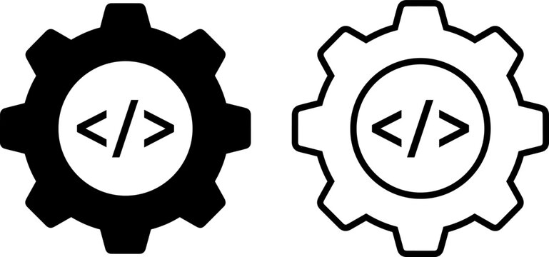 Contrasting gear icons representing coding and development concepts in black and white styles
