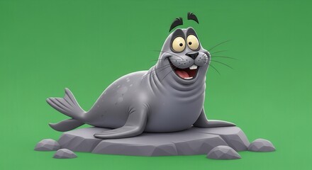 Fototapeta na wymiar Playful Animated Seal Character Sitting on Rock with Green Background