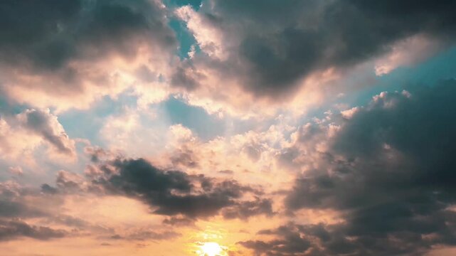 Cinematic low angle shot of a sunset sky with sunbeams breaking through clouds. Ideal for weather reports, travel vlogs, spiritual content, and environmental documentaries.