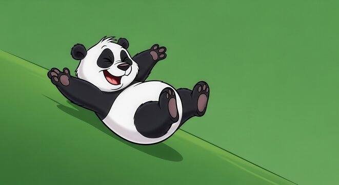 Cute Cartoon Panda Lying on Side with Playful Expression on Bright Green Background
