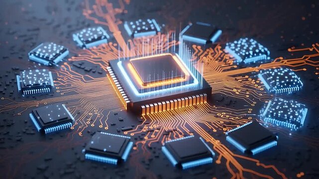 Central microchip surrounded by glowing integrated circuits on a dark electronic board, illustrating advanced computing technology and data flow.