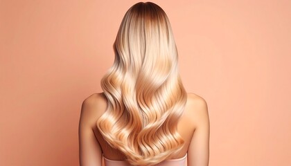 Naklejka premium A woman with long blonde hair against a peach background