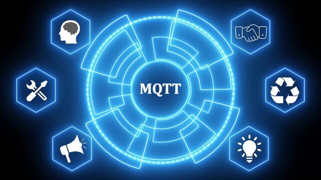 Futuristic Neon Network Diagram with MQT Acronym and Hexagonal Icons MQTT message queuing telemetry transport