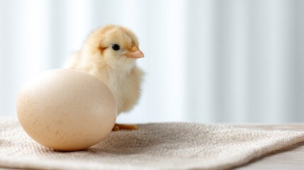 Fototapeta premium Cute Yellow Chick Peeking Out from a Brown Egg on a Soft Cloth Background