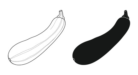 A contrasting depiction of zucchini one rendered as a line drawing and the other as a solid black silhouette