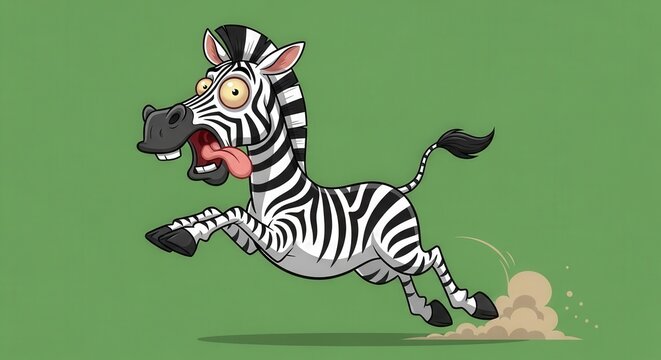 Animated Cartoon Zebra Running Playfully with Dust Trail on Green Background