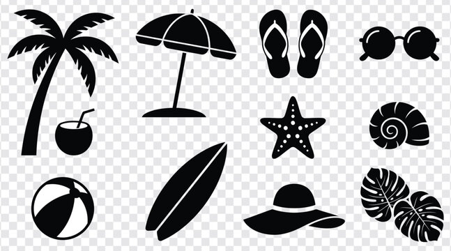 Vintage style beach vacation icons featuring palm tree umbrella flip flops hat snorkel and seashells