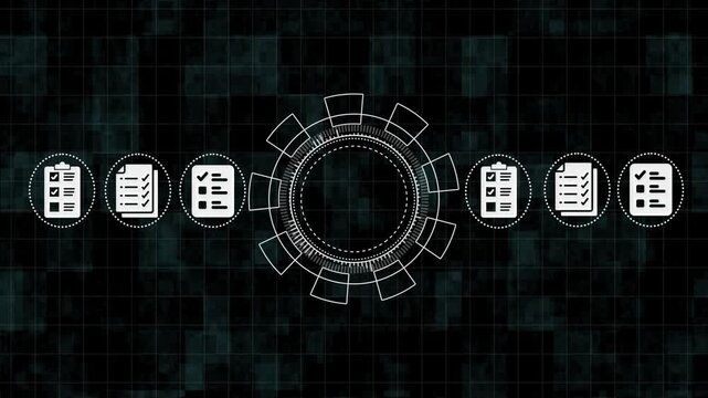 Infographic with checklists and a circular diagram on a dark background with grid pattern for business or technology concepts