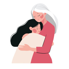 Grandmother hugging her granddaughter. Mother and daughter. Flat vector illustration isolated on white background. Concept of family, intergenerational relationships, mother and child. 