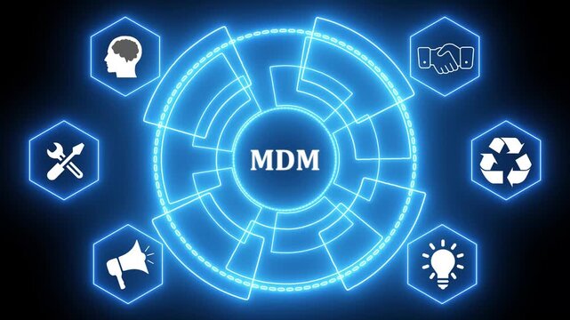 Futuristic Digital Interface with MDM Acronym and Hexagonal Icons for Business Concepts technology