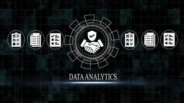 Data Analytics Concept with Handshake and Checkmarks on Dark Background business partnership documents