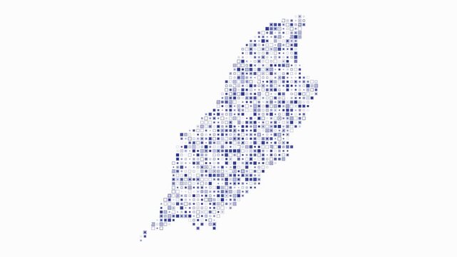 Isle of Man map animation. Shape of the country with pulsating colored dots. Small size square blocks. Digital style Isle of Man map on white background. Amazing video.