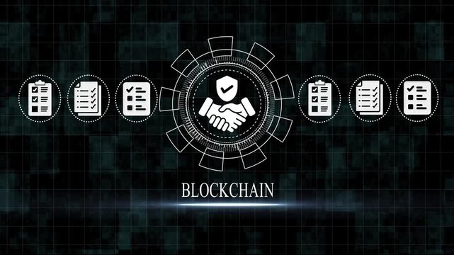 Blockchain technology concept with handshake and shield on dark background with checklists and documents