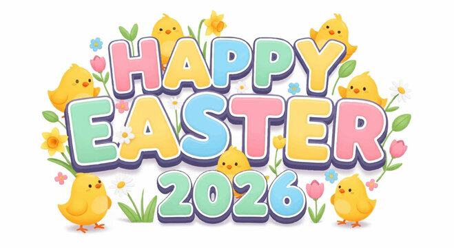 Colorful happy easter 2026 text with cute cartoon chicks and flowers on white background