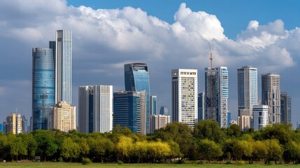 Obraz premium Modern Urban Landscape with Skyscrapers Surrounded by Lush Greenery under a Blue Sky with Cloud Formations