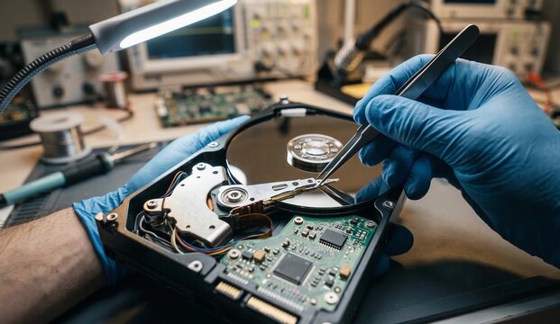 Cinematic macro close-up of a technician delicately manipulating components within a disassembled hard disk drive, data recovery services, cybersecurity, IT support