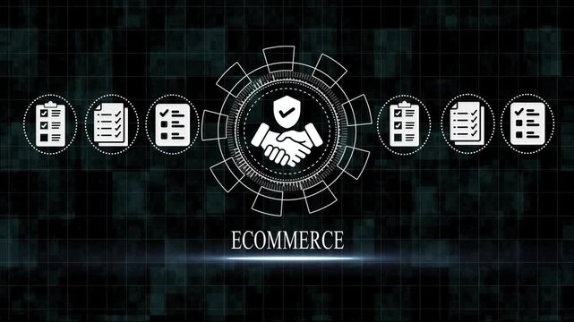Ecommerce Security and Verification Concept with Handshake and Checkmarks on Dark Background