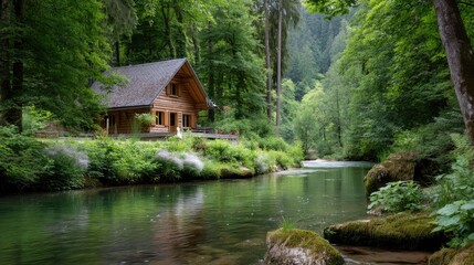 Obraz premium Cozy wooden cabin beside a tranquil river in a lush green forest with tall trees and serene nature scenery