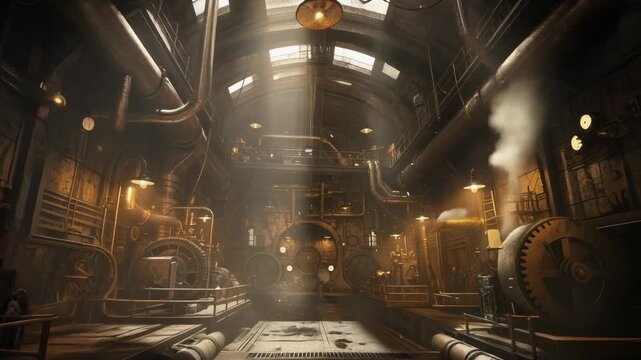 Industrial factory interior with vintage machinery and warm light rays in a steampunk style setting