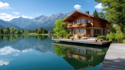 Obraz premium Serene lakeside house surrounded by lush greenery and mountain backdrop in bright blue sky with soft clouds reflecting in water