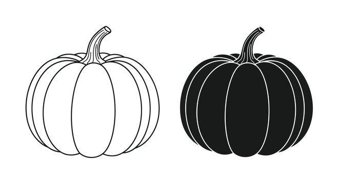 A black and white illustration depicts two pumpkins one with a white fill and one solid black showcasing contrasting designs