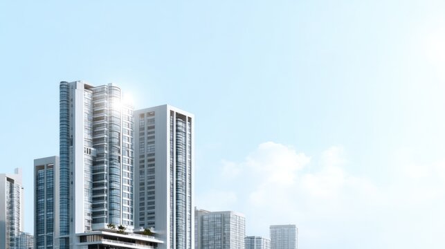 Modern Architecture of High-Rise Buildings Against Clear Blue Sky in Urban Cityscape