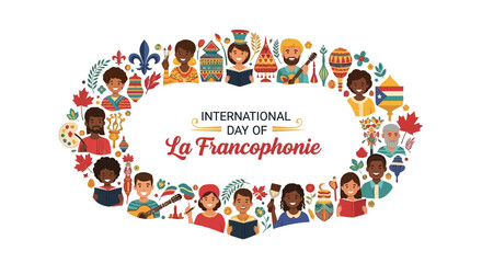 Obraz premium Illustration of diverse people and flags celebrating International Day of La Francophonie with colorful design elements on a white background.