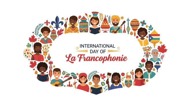 Illustration of diverse people and flags celebrating International Day of La Francophonie with colorful design elements on a white background.