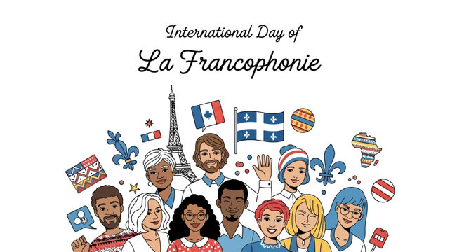 Illustration of diverse people celebrating International Day of La Francophonie with vector graphics and flags on a white background.