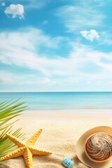 Obraz premium Tropical Beach Scene with Starfish Hat and Palm Leaf