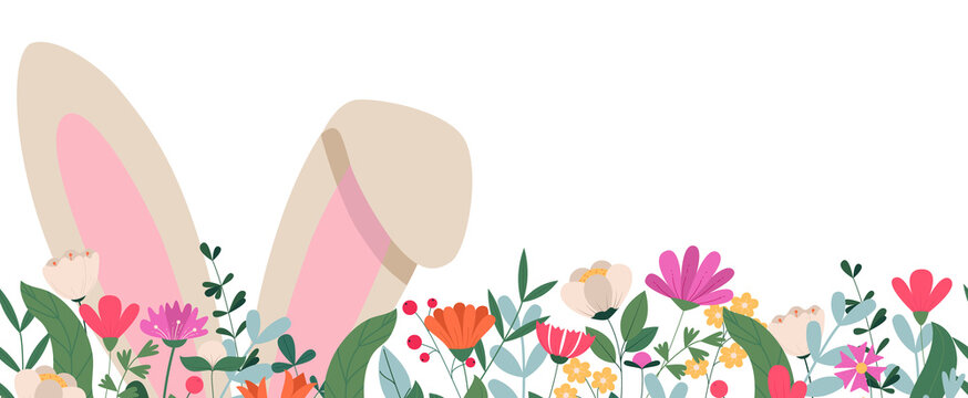 Horizontal seamless banner with a rabbit's ears in grass. Easter spring floral backdrop. Illustration on a transparent background