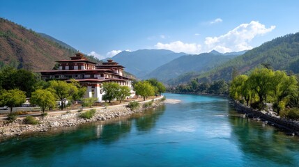 Serene Mountain Landscape with Tranquil River and Traditional Architecture Under Clear Blue Sky