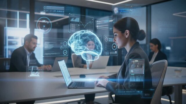 Businesswoman working on laptop with digital brain interface and futuristic data visualization in modern office